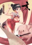  absurdres bangs bare_shoulders black_hair blue_eyes breasts china_dress chinese_clothes chinese_zodiac cleavage commentary_request double_bun dress fur_trim highres jmao large_breasts original pig red_dress s short_hair smile translation_request year_of_the_pig 