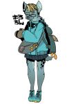  2015 absurd_res anthro black_bottomwear black_clothing black_skirt blonde_hair blue_clothing blue_footwear blue_jacket blue_shoes bottomwear clothing eyewear female footwear fur glasses grey_fur hair headphones hi_res hyaenid japanese_text kemono mammal moyamoya_kuroi shoes simple_background skirt smile snout spotted_hyena standing text white_background 