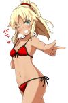  1girl aikawa_ryou bare_arms bare_shoulders bikini blonde_hair blush breasts cleavage collarbone commentary_request fate/grand_order fate_(series) foreshortening green_eyes grin groin hair_ornament hair_scrunchie heart high_ponytail highres lifted_by_self long_hair looking_at_viewer mordred_(fate)_(all) mordred_(swimsuit_rider)_(fate) navel one_eye_closed ponytail red_bikini red_scrunchie scrunchie side-tie_bikini simple_background small_breasts smile solo strap_lift swimsuit tan translation_request white_background 