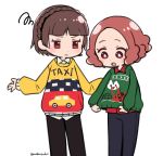  2girls :o bangs black_pants blue_pants blunt_bangs braid brown_eyes brown_hair closed_mouth collared_shirt cowboy_shot crown_braid do_m_kaeru flat_color long_sleeves looking_at_another multicolored multicolored_clothes multicolored_sweater multiple_girls niijima_makoto okumura_haru open_mouth outstretched_arms pants persona persona_5 red_shirt shirt short_hair simple_background squiggle sweater twitter_username white_background white_shirt wing_collar 