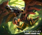  bird bird_focus company_name copyright_name day forest green_background gun mecha mechanical_wings nature no_humans official_art outdoors tori_yuhu watermark weapon wings zenonzard 