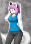  2016 anthro black_nose bottomwear breasts canid canine clothed clothing female fox hair hi_res mammal pants pink_eyes pink_hair shirt solo topwear zigzagmag 