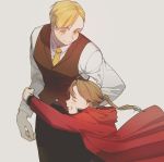  2boys :d ^_^ age_difference alphonse_elric arms_at_sides black_pants blonde_hair blush clenched_teeth closed_eyes coat conqueror_of_shambala dress_shirt dual_persona floating_hair fullmetal_alchemist grey_background happy height_difference highres hood hood_down hooded_coat hug light_brown_hair long_sleeves looking_at_another looking_down male_focus multiple_boys necktie open_mouth pants ponytail red_coat shirt simple_background smile standing sumssingbo teeth time_paradox upper_body waist_hug waistcoat white_shirt yellow_eyes yellow_neckwear 