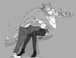  beastars blush bodily_fluids canid canine canis cervid cervine clothed clothing embarrassed hi_res legosi_(beastars) licking louis_(beastars) male male/male mammal nekokat42 open_shirt red_deer romantic_couple sketch sweat tailwag tongue tongue_out topless wolf 