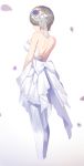  1girl back bare_arms bare_shoulders blue_flower bow bride brown_hair commentary_request dress flower hair_flower hair_ornament highres honkai_(series) honkai_impact_3rd large_bow liangfen232 pantyhose short_hair simple_background sleeveless sleeveless_dress standing strapless strapless_dress white_background white_bow white_dress 