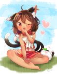  1girl :3 :p adapted_costume ahoge animal_ear_fluff animal_ears bare_arms barefoot between_legs blue_sky blush bow brown_hair butterfly_sitting cat_ears cat_tail chen commentary_request fang glint hand_between_legs hat head_tilt heart highres ibaraki_natou jewelry licking_hand midriff miniskirt mob_cap mochen multiple_tails navel no_hat no_headwear on_ground one_eye_closed panties pantyshot pantyshot_(sitting) red_eyes red_skirt red_vest short_hair signature single_earring sitting skirt sky solo tail tongue tongue_out touhou underwear vest white_bow white_neckwear white_panties 