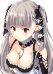  1girl arm_under_breasts azur_lane bangs bare_shoulders between_breasts black_dress black_nails blush breasts cleavage dress earrings eyebrows_visible_through_hair formidable_(azur_lane) frilled_dress frills grey_hair hair_ribbon highres jewelry large_breasts long_hair long_sleeves looking_at_viewer ponyaru red_eyes ribbon simple_background solo twintails two-tone_dress upper_body very_long_hair 