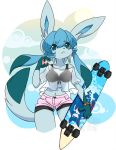  anthro blue_eyes blue_fur breasts clothed clothing eeveelution female fur glaceon hair hamsteroftime mammal navel nintendo pok&eacute;mon pok&eacute;mon_(species) pok&eacute;morph simple_background skateboard solo translucent translucent_clothing video_games white_background 