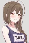 1girl ahoge bangs blue_swimsuit blush bow braid breasts brown_eyes brown_hair cleavage closed_mouth collarbone eyebrows_visible_through_hair grey_background hair_between_eyes hair_bow hair_over_shoulder idolmaster idolmaster_shiny_colors kuwayama_chiyuki long_hair looking_to_the_side miyama_kirazu name_tag school_swimsuit sidelocks simple_background sleeveless smile solo swimsuit upper_body white_bow 