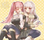  2girls blue_legwear boots closed_eyes english_text fire_emblem fire_emblem:_three_houses food garreg_mach_monastery_uniform hilda_valentine_goneril holding holding_food holding_plate long_hair long_sleeves lysithea_von_ordelia macaron multiple_girls open_mouth pink_eyes pink_hair plate short_sleeves suisui_fe_1123 thighhighs twintails twitter_username uniform white_hair 
