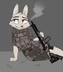  2019 anthro assault_rifle blue_eyes canid canine clothed clothing disney eyebrows female flak_jacket fox fully_clothed fur grey_background gun half-closed_eyes hi_res holding_gun holding_object holding_weapon josun mammal military paws ranged_weapon rifle simple_background skye_(zootopia) smile smoke solo spent_casing text thick_thighs uniform weapon white_fur zootopia 