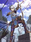  1boy arrow ashe_duran belt boots bow_(weapon) cloud fingerless_gloves fire_emblem fire_emblem:_three_houses fire_emblem_cipher gloves green_eyes grey_hair kyo_niku official_art quiver sky solo tree weapon 