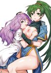  2girls :&lt; black_gloves blue_dress breasts bright_pupils circlet dress earrings fingerless_gloves fire_emblem fire_emblem:_the_blazing_blade florina_(fire_emblem) gebyy-terar gloves green_eyes green_hair hand_on_another&#039;s_head highres jewelry large_breasts long_hair looking_at_viewer lyn_(fire_emblem) multiple_girls nipples no_panties one_eye_closed parted_lips pelvic_curtain pleated_skirt ponytail purple_hair scan shirt_lift simple_background skirt yuri 