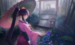  corset flowers japanese_clothes koutetsujou_no_kabaneri long_hair nfb-zmc ponytail rain stairs torii umbrella water yomogawa_ayame 