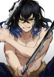  1boy black_hair doran7280 fur green_eyes grin hashibira_inosuke highres holding holding_sword holding_weapon kimetsu_no_yaiba looking_at_viewer male_focus multicolored_hair muscle shirtless smile solo sword teeth two-tone_hair upper_body weapon 