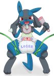  2019 absurd_res ambiguous_gender anthro bib black_fur blue_fur blush bodily_fluids bound chest_spike crying diaper english_text fangs fur hand_spike hi_res looking_at_viewer lucario lying nintendo nyanyakotarou on_back open_mouth pok&eacute;mon pok&eacute;mon_(species) red_eyes solo spread_legs spreading tears text tongue video_games 