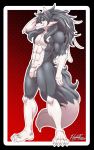  2019 abs anthro balls biceps biped black_nose canid canine canis cheek_tuft flaccid fur grin hair hi_res humanoid_penis kivwolf long_hair looking_at_viewer male mammal multicolored_fur muscular muscular_male nude pecs penis plantigrade simple_background smile solo standing tuft two_tone_fur uncut white_fur wolf 