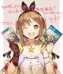  1girl atelier_(series) atelier_ryza bangs blush bracelet breasts brown_eyes brown_hair cleavage collarbone commentary cover dress fang game_cover gloves hair_ornament hairclip hat holding jewelry looking_at_viewer necklace one_eye_closed open_mouth reisalin_stout signature simple_background single_glove smile solo star star_necklace toridamono upper_body white_dress white_headwear 