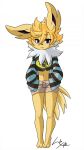  anthro anthrofied clothed clothing eeveelution female fur hair hamsteroftime hi_res jolteon looking_at_viewer mammal nintendo pok&eacute;mon pok&eacute;mon_(species) pok&eacute;morph simple_background solo video_games white_background yellow_fur 