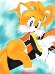  2_tails anthro blue_eyes blush bottomless canid canine clothed clothing dipstick_tail fox fur hi_res male mammal miles_prower multi_tail multicolored_tail pepamintop signature solo sonic_(series) water wet white_fur yellow_fur 
