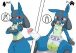  2019 absurd_res ambiguous_gender anthro black_fur blue_fur blush bodily_fluids bottle building chest_spike crossed_arms crying diaper english_text fangs fur genital_fluids hand_spike hi_res house lucario nintendo nyanyakotarou open_mouth pacifier pok&eacute;mon pok&eacute;mon_(species) simple_background sitting solo speech_bubble standing tears text tree urine video_games wet_diaper wetting white_background 