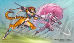  2019 4_toes 5_fingers action_pose anthro armor black_stripes braided_hair breast_size_difference breasts brown_hair cheek_tuft cleavage clothed clothing collar digital_media_(artwork) dipstick_tail duo elbow_tufts felid female feral fight fingers fluffy_hair fur hair holding_object holding_spear holding_sword holding_weapon jesonite jumping legwear long_hair mammal melee_weapon mephitid motion_lines multicolored_fur multicolored_tail on_one_leg open_mouth orange_fur pantherine pink_fur pink_hair pose red_hair simple_background skimpy skunk solo standing striped_fur stripes sword teeth thigh_highs tiger toes tongue tuft two_tone_fur unconvincing_armor weapon 
