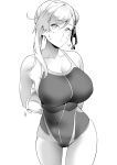  asymmetrical_hair bare_shoulders breasts fate/grand_order fate_(series) hair_bun large_breasts miyamoto_musashi_(fate/grand_order) miyamoto_musashi_(swimsuit_berserker)_(fate) monochrome one-piece_swimsuit single_sidelock soba_(saz) swimsuit 