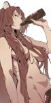  1girl alcohol animal_ears bottle breasts brown_hair ettone hair_over_breasts highres holding holding_bottle large_breasts long_hair nipples nude raccoon_ears raphtalia simple_background solo tate_no_yuusha_no_nariagari tongue tongue_out very_long_hair white_background 