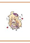  1girl :d ahoge animal_ear_fluff animal_ears bangs bare_shoulders beret blonde_hair blush bobby_socks braid brown_background brown_eyes chibi dog_ears dog_girl dog_tail eyebrows_visible_through_hair flower_knight_girl frilled_skirt frills hair_between_eyes hair_bobbles hair_ornament hands_up hat heart highres kemonomimi_mode kuko_(flower_knight_girl) leaning_forward long_hair open_mouth paw_pose puffy_short_sleeves puffy_sleeves purple_footwear purple_headwear purple_skirt purple_sleeves rinechun sailor_collar sailor_shirt shirt shoes short_sleeves side_braid single_braid skirt sleeveless sleeveless_shirt smile socks solo standing tail tail_raised tilted_headwear translation_request two-tone_background very_long_hair white_background white_legwear white_sailor_collar white_shirt x_hair_ornament 