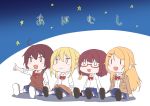  4girls ahoge amatani_mutsu blazer blonde_hair blue_skirt blush_stickers bow bowtie brown_hair chibi clothes_around_waist fang glasses hair_ornament hairclip jacket kujou_shion long_hair looking_afar miniskirt multiple_girls nishiuri_warito onishima_homare pleated_skirt pointing red-framed_eyewear red_neckwear school_uniform shirt shoes short_hair simple_background sitting skirt sleeves_rolled_up smile sounan_desuka? suzumori_asuka sweater_vest white_shirt 