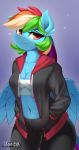 2019 anthro bottomwear breasts clothed clothing digital_media_(artwork) equid equine female friendship_is_magic hair hands_in_pockets hi_res hoodie iloota long_hair looking_at_viewer mammal multicolored_hair my_little_pony navel pants pockets pterippus rainbow_dash_(mlp) rainbow_hair smile solo topwear wings 