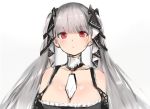  1girl azur_lane blush breasts cleavage collarbone dress eyebrows_visible_through_hair formidable_(azur_lane) frilled_dress frills grey_hair highres large_breasts long_hair ribbon simple_background solo twintails two-tone_dress two-tone_ribbon very_long_hair white_background 