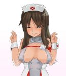  1girl 1k24x4zvlcl alice_gear_aegis areola_slip areolae blush breasts brown_hair closed_eyes closed_mouth dark_skin hat id_card kaneshiya_sitara nurse nurse_cap shaking simple_background solo tears v wavy_mouth white_background 