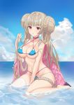  1girl alternate_costume azur_lane bangs barefoot bikini blue_bikini blush braid breasts choker cleavage collarbone day double_bun eyebrows_visible_through_hair feet formidable_(azur_lane) formidable_(the_lady_of_the_beach)_(azur_lane) hand_in_hair highres jamie_(zaieee) large_breasts long_hair looking_at_viewer navel open_mouth outdoors red_eyes sidelocks single_thighhigh sitting sky solo swimsuit thighhighs very_long_hair water 