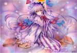  1girl artist_name blue_bow blue_ribbon blush book bow commentary_request dated dress frilled_sleeves frills hair_bow hat hat_ribbon long_dress long_hair long_sleeves mob_cap mosho patchouli_knowledge purple_background purple_dress purple_eyes purple_hair red_bow red_ribbon ribbon socks solo striped striped_dress touhou traditional_media very_long_hair 