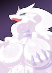  2019 absurd_res anthro big_breasts blue_eyes blush breasts digital_media_(artwork) dragon female fluffy fur hi_res legendary_pok&eacute;mon looking_at_viewer naturally_censored nintendo nude nyaswitchnya open_mouth pok&eacute;mon pok&eacute;mon_(species) purple_background reshiram simple_background solo video_games white_fur 