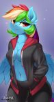  2019 anthro bottomwear breasts clothed clothing digital_media_(artwork) equid equine female friendship_is_magic hair hands_in_pockets hi_res hoodie iloota long_hair looking_at_viewer mammal multicolored_hair my_little_pony navel pants pockets pterippus rainbow_dash_(mlp) rainbow_hair smile solo topwear wings 