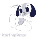  animate_inanimate anthro blue_and_white canid digital_media_(artwork) edit female looking_at_viewer lying mammal monochrome nintendo nintendo_switch nude pussy short_stack simple_background smile solo starshippizza switch_dog text thick_thighs video_games wide_hips 