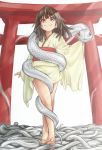  1girl barefoot blush brown_hair hair_ornament itani_senka japanese_clothes kimono kimono_skirt living_hair monogatari_(series) red_eyes sengoku_nadeko short_hair snake torii 