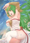  1girl absurdres armlet armpits arms_up blue_sky breasts circlet cleavage dress gauntlets green_eyes green_hair highres jewelry kid_icarus long_hair mios1225 necklace open_mouth palutena single_thighhigh sky solo teeth thighhighs very_long_hair white_dress white_legwear 