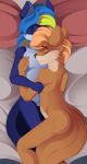  absurd_res anthro bed canid canine conrie cuddling female fish fox hi_res invalid_tag male male/female mammal marine shark story story_in_description 