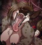 2019 anthro big_breasts bodily_fluids breasts digital_media_(artwork) drooling female female_pred first_person_view gold_(metal) gold_tooth hi_res high-angle_view hyaenid looking_at_viewer mammal mouth_shot muscular muscular_female nipples open_mouth oral_vore pyc-art saliva spotted_hyena throat tongue tongue_out vore 