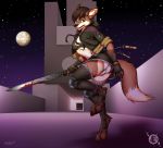  anthro blood bodily_fluids bottomwear bra breasts brown_hair camel_toe canid canine clothing eleode female green_eyes hair hi_res holding_object holding_sword holding_weapon legwear mammal melee_weapon moon night outside panties paws skirt sky solo star starry_sky stockings sword underwear upskirt weapon 