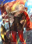 1girl army artist_request axe bangs black_jacket black_shorts brooch cape cloud cloudy_sky cravat edelgard_von_hresvelg fire_emblem fire_emblem:_three_houses fire_emblem_cipher flag formal garreg_mach_monastery_uniform gloves hand_on_hip jacket jewelry long_hair long_sleeves parted_bangs platinum_blonde_hair purple_eyes red_cape red_legwear shorts sky smile tagme thick_thighs thighs white_gloves 