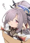  1girl bangs blush box breasts cape cardboard_box commentary_request eyebrows_visible_through_hair feff672166 gloves granblue_fantasy hair_ornament hair_over_one_eye harvin high_ponytail in_box in_container long_hair looking_at_viewer nio_(granblue_fantasy) parted_lips pointy_ears ponytail purple_hair red_eyes sidelocks simple_background small_breasts solo translation_request white_background white_cape white_gloves 
