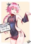  1boy absurdres artist_name astolfo_(fate) bangs bare_shoulders black_bow bow braid commentary_request detached_sleeves eyebrows_visible_through_hair fate/grand_order fate_(series) hair_bow hair_intakes hair_ribbon highres holding holding_pen holding_sign long_hair looking_at_viewer male_focus multicolored_hair nekobox otoko_no_ko pen pink_hair purple_eyes revealing_clothes ribbon sign single_braid smile solo streaked_hair tongue tongue_out white_hair 