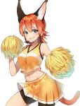  1girl alternate_costume animal_ear_fluff bare_shoulders black_hair blue_eyes caracal_(kemono_friends) caracal_ears caracal_tail cheerleader collarbone commentary_request cowboy_shot extra_ears eyebrows_visible_through_hair kemono_friends leg_up long_hair midriff multicolored_hair navel nyanco520 orange_hair pleated_skirt pom_poms shirt shorts shorts_under_skirt sidelocks skirt sleeveless solo tank_top white_hair yellow_shirt yellow_skirt 