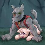  1:1 animal_genitalia ass_up butt canid canine cave clothing collar diamond_dog_(mlp) duo female friendship_is_magic green_eyes hi_res mammal my_little_pony purple_eyes pussy rover_(mlp) shaved sheath simple_background smile smudge_proof teats topwear vest 