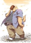  2019 anthro belly bottomwear canid canine canis clothed clothing domestic_dog hat headgear headwear humanoid_hands male mammal namihira_kousuke open_shirt outside overweight overweight_male pants shirt solo takaki_takashi topwear trouble_(series) underwear 