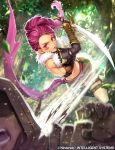  1girl boots braid dark_skin faceless faceless_male facial_mark fingerless_gloves fire_emblem fire_emblem:_three_houses fire_emblem_cipher fur_trim gloves leaf long_hair midriff navel nij_24 official_art open_mouth petra_mcnairy purple_hair red_eyes single_braid sword teeth thighhighs tree weapon 